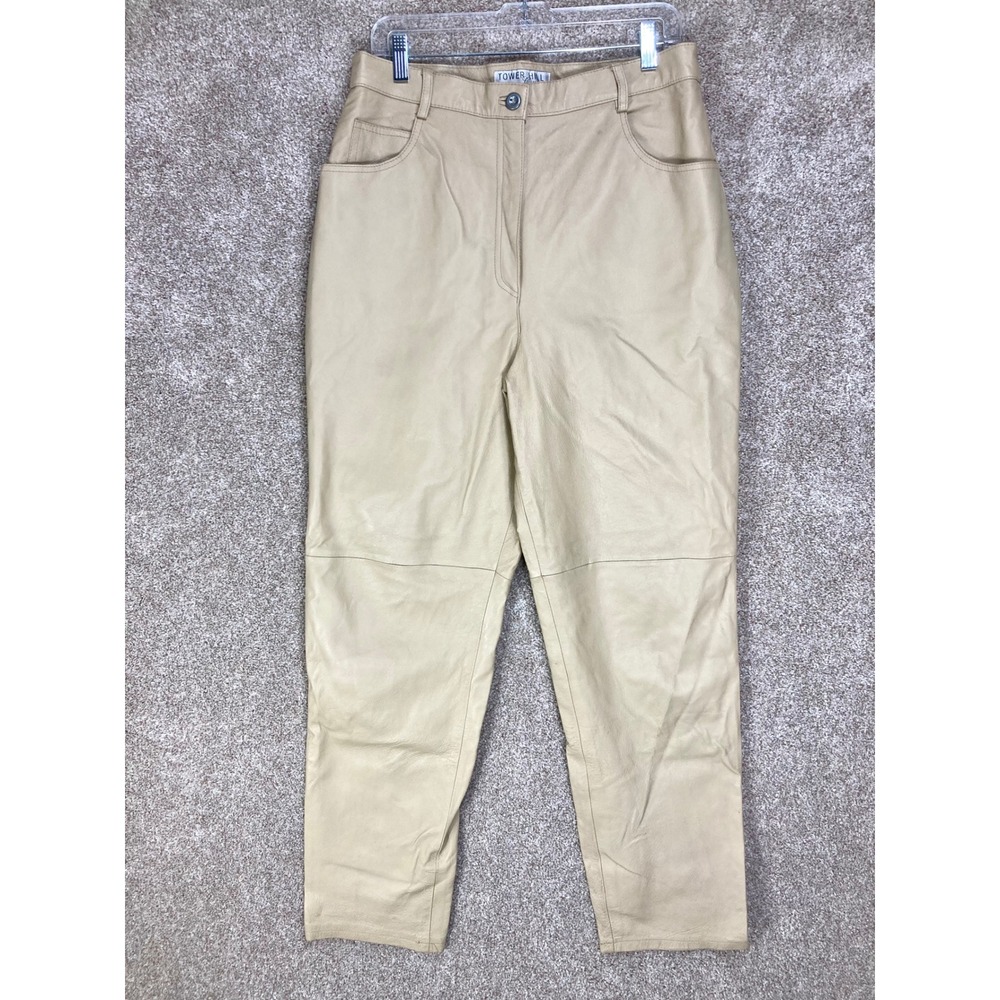 Tower Hill Leather High Rise Straight Leg Pants Womens 16 Tall Beige Office Chic